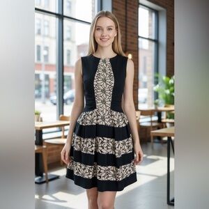 Eva Franco Black Gold Lace Panel Fit & Flare Cocktail Dress Women’s 0